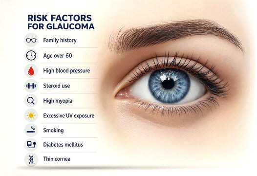 Illustration of human eye showing risk factors for developing glaucoma disease