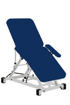 Adjustable inversion therapy table flat vector icon in a therapy room. Blue padded backrest and armrests on a white metal frame with hydraulic lift for spinal decompression and chiropractic care