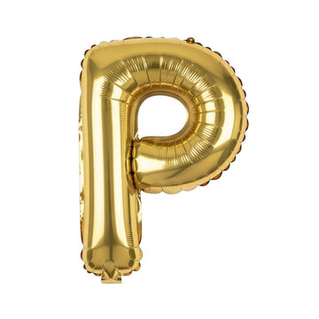 Shiny gold letter p foil balloon for birthday party isolated on transparent background