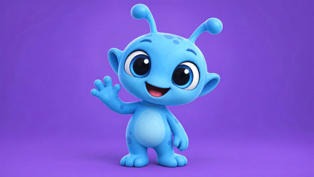 Cute blue 3D alien character with big eyes and antennae waving hello against purple background for children's content, mascot, space theme, and friendly character design projects.