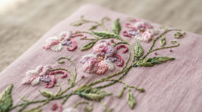 Delicate pink floral embroidery with green leaves on soft linen cloth provides charming botanical design for decorative pillows.