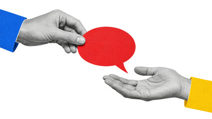 Minimalist collage of hands holding red speech bubble, conceptual communication and feedback exchange, creative dialogue and social media interaction