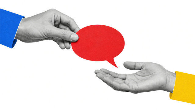 Minimalist collage of hands holding red speech bubble, conceptual communication and feedback exchange, creative dialogue and social media interaction
