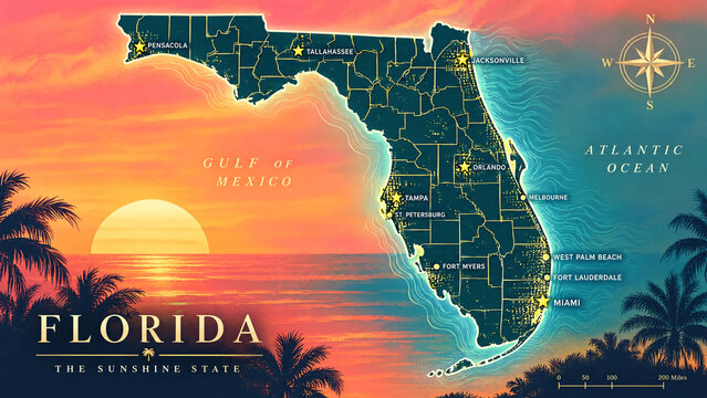 Vintage Florida state map with major cities, tropical sunset background with palm trees, retro travel poster of the sunshine state with ocean horizon
