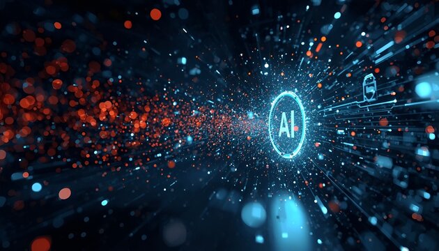 A futuristic digital background featuring streams of binary code, composed of glowing ones and zeros arranged in flowing patterns across a high-tech virtual interface. The composition creates a modern