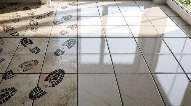 Footprints trail across dirty floor tiles from left to right where the surface becomes spotless and gleaming. This shows a stark contrast between the messy and clean sides of the tiled area.