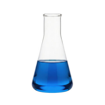 Glass erlenmeyer flask with blue liquid for science isolated on transparent background