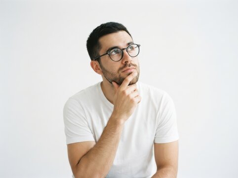 Thoughtful young man in glasses and white tshirt looking up and touching chin isolated on white background