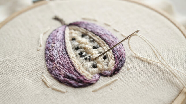 Embroidered purple fig fruit halved with visible seeds textured cream linen fabric closeup handmade craft hobby design project.