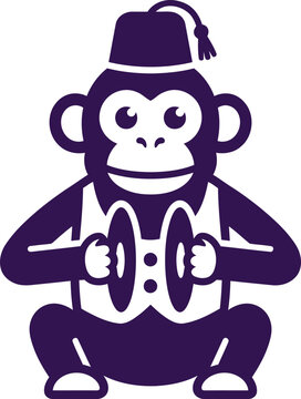 Vintage monkey toy vector illustration, retro wind-up chimpanzee with cymbals and fez hat, purple circus animal mascot icon for branding