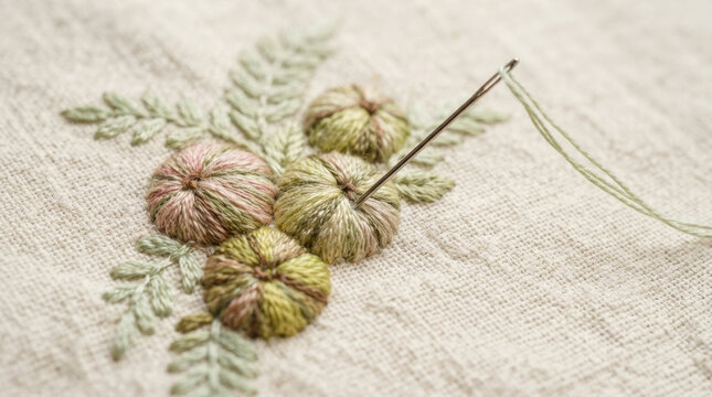 Embroidery floral design with green botanical leaf motifs and textured round petals crafted on beige linen fabric for decor item.
