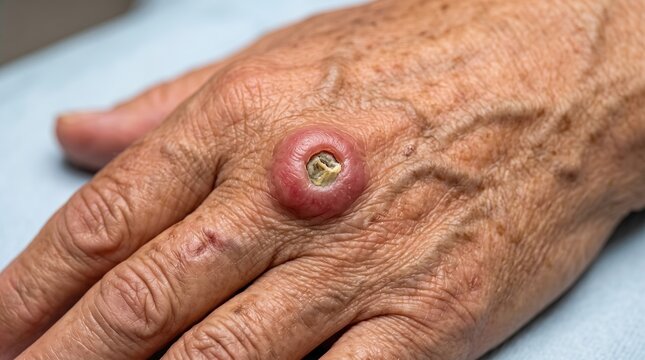 Keratoacanthoma or squamous cell carcinoma lesion with central crater on elderly hand