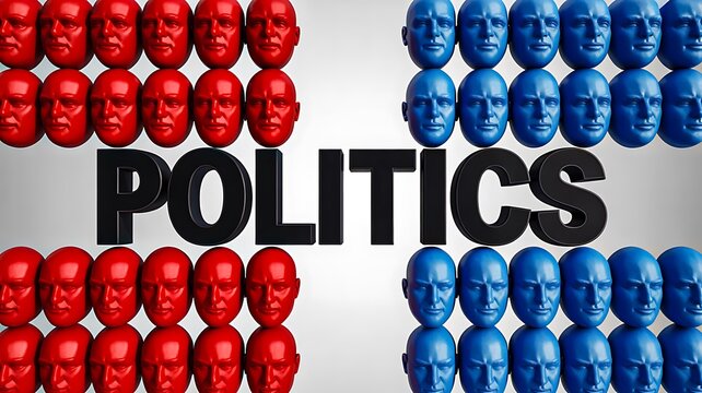 Politics concept with red and blue groups of people surrounding bold political text