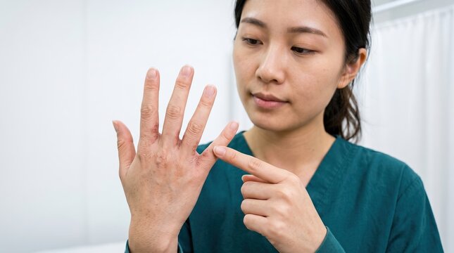 Asian nurse or doctor examining contact dermatitis eczema rash between fingers on hand