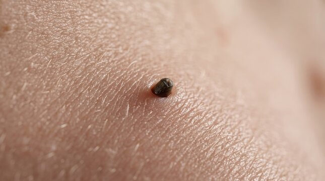 Extreme macro close up of pigmented seborrheic keratosis or raised dark skin mole