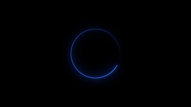 Glowing blue neon circle frame with digital light particles isolated on a transparent background for modern technology design element