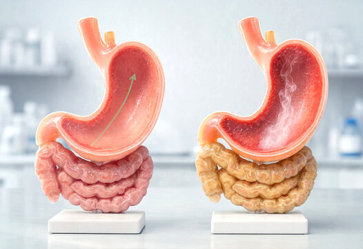 Medical model comparison of healthy and inflamed stomach and intestines