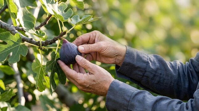 Close up of hands picking ripe purple fig from tree branch in orchard