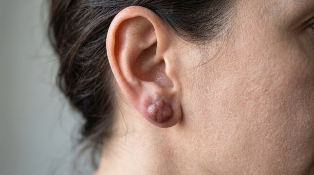 Close up shot of large earlobe keloid hypertrophic scar tissue caused by piercing