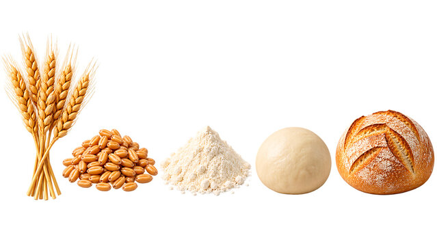 Wheat Processing Stages from Harvested Wheat and Grain to Flour Dough and Baked Bread