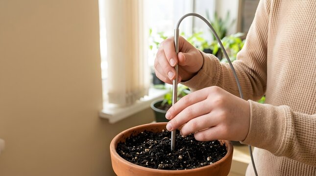 Hands inserting electronic moisture sensor probe into soil of terracotta flowerpot indoors