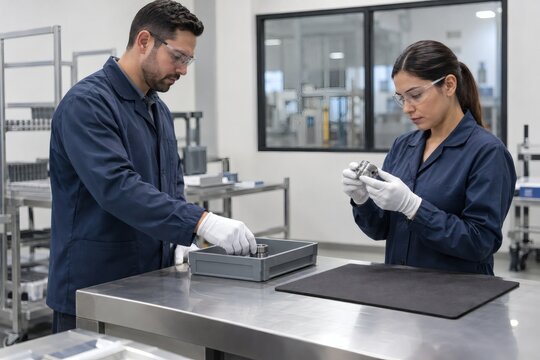 Two inspectors performing final quality check on manufactured part