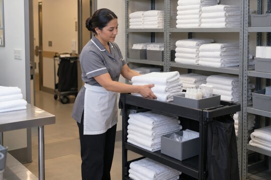 Housekeeper restocking towels from centralized hotel supply area
