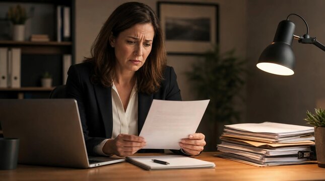 Concerned businesswoman seated at dimly lit desk reading printed letter with worried facial expression, open laptop, stack of paperwork, warm lamp light, late night office work stress