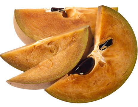 Fresh ripe sapodilla fruit sliced showing brown flesh, PNG file with transparent background