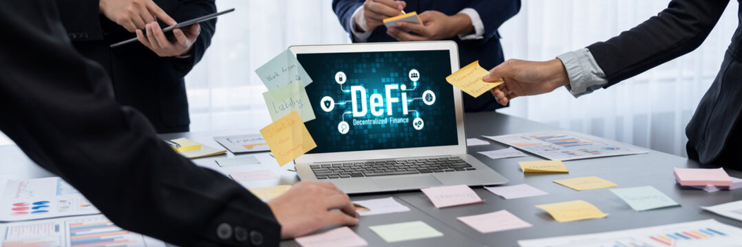 Decentralized finance or DeFi concept on brisk computer screen . The defi system give new choice of investment and money saving .
