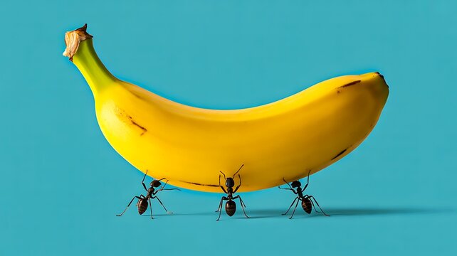 Yellow banana surrounded by ants on a blue background representing food and nature