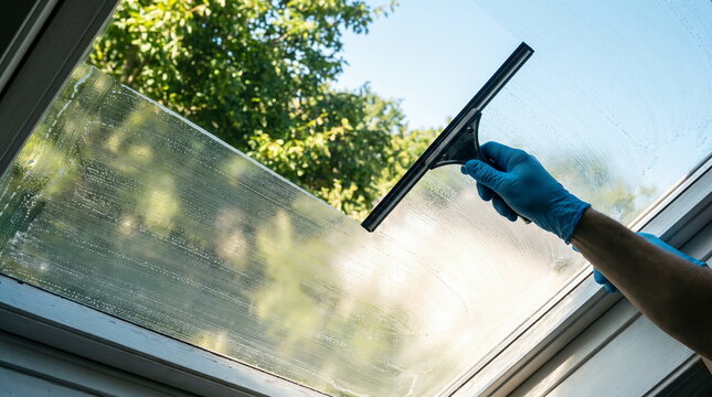 Window cleaning with hand in glove using squeegee on soapy glass surface, showing outdoor view, for household maintenance.