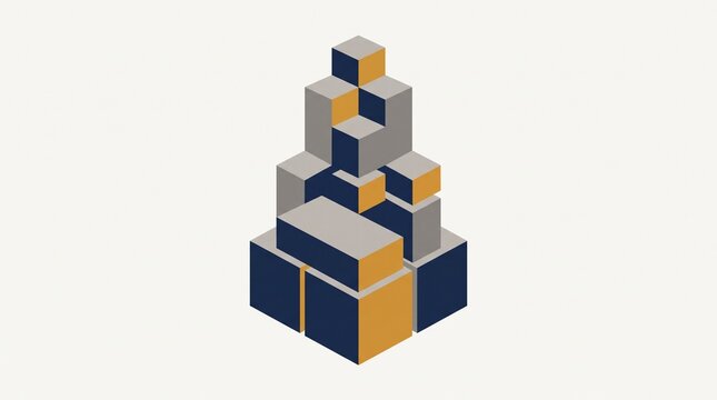 Isometric 3D cube stack illustration, geometric block tower in blue and gold, abstract architectural structure isolated on white background, corporate data visualization concept