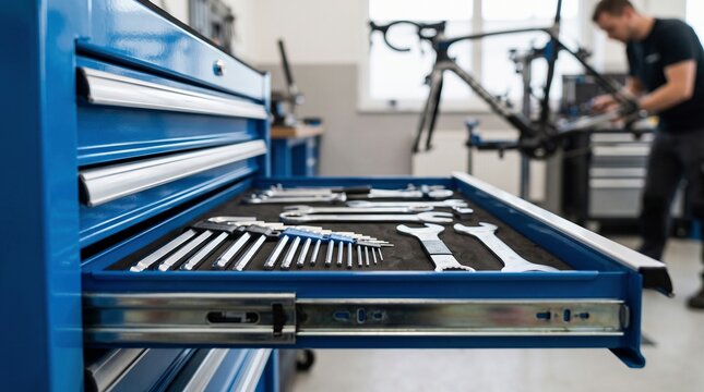 Tool drawer open, organized wrenches and hex keys in bicycle repair shop, professional maintenance service concept.