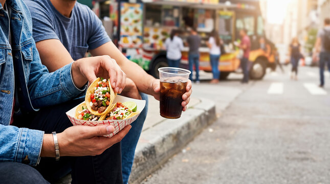 People eating tacos and soft drink at food truck on urban street, casual outdoor dining concept.