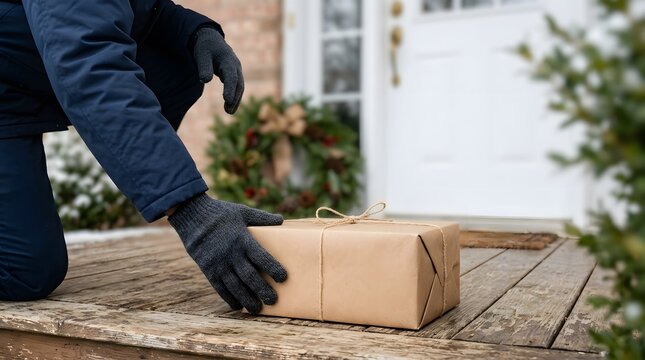 Courier placing brown paper wrapped parcel on wooden porch with Christmas wreath