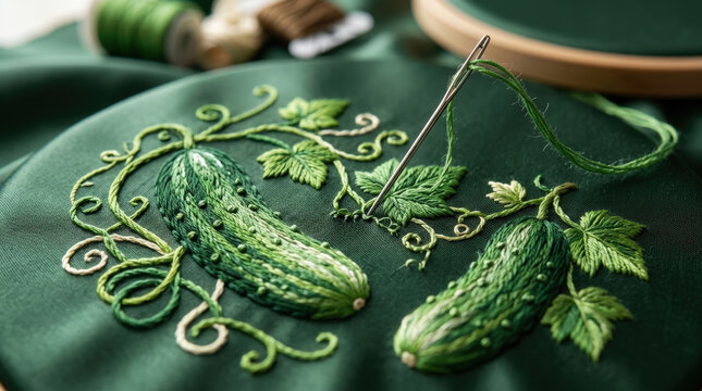 Cucumber embroidery design with green thread stitching on fabric surface perfect for home decor crafting or DIY needlepoint art.