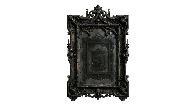 Antique gothic cracked mirror with ornate skull carved frame