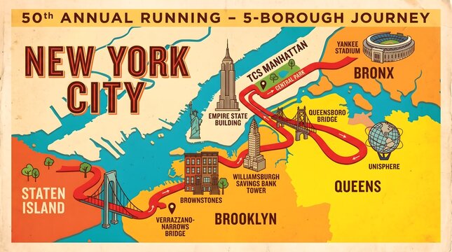 Illustrated vintage New York City marathon map showing the 50th annual 5-borough running route and iconic landmarks