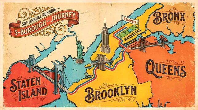 Illustrated vintage New York City marathon map featuring the 50th Annual Running 5-Borough Journey, course route, and iconic landmarks