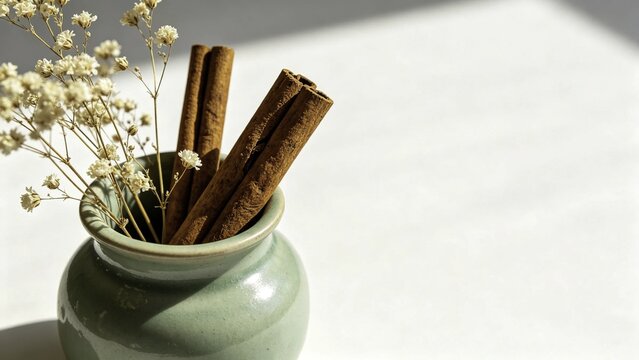 Dried flowers and cinnamon sticks arranged in celadon cerami