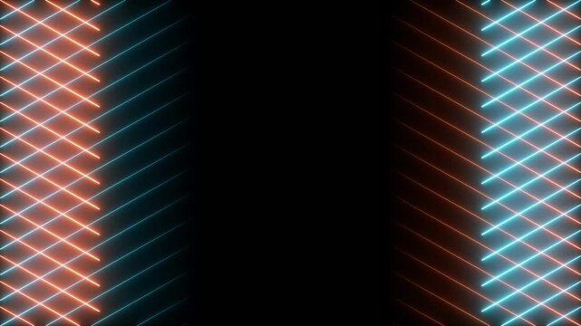 Abstract glowing neon grid background with crossing blue and orange diagonal light lines in a digital pattern for modern technology and futuristic graphic design projects