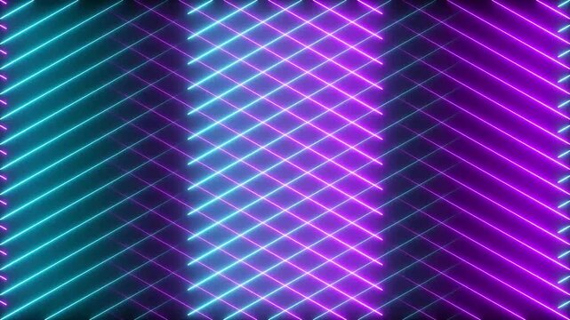 Glowing lines pattern with purple and blue diagonal stripes creating a modern futuristic grid background design for digital art and creative light effects