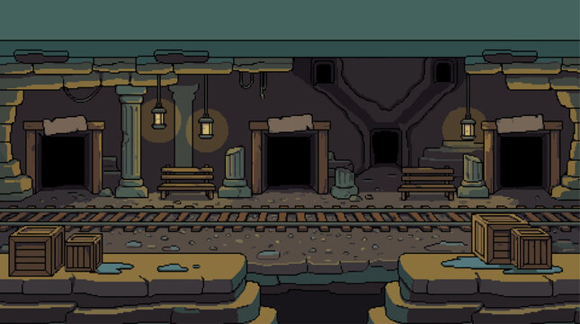Retro 8 Bit Pixel Art Abandoned Underground Railway Station Side Scrolling Game Background