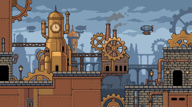 Retro 8 Bit Pixel Art Clockwork Steampunk City Side Scrolling Game Background