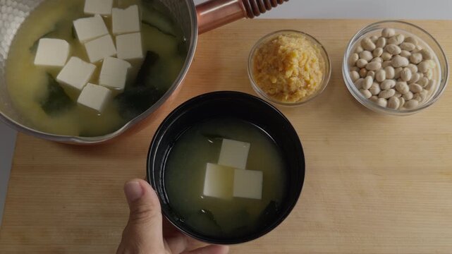Japanese Miso Soup Bowl with Tofu and Wakame, Healthy Vegan Plant-Based Food, Zen Lifestyle 4K
