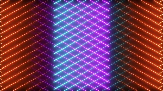 Glowing neon light lines in purple orange and blue colors forming a digital grid pattern for modern design and technology concept
