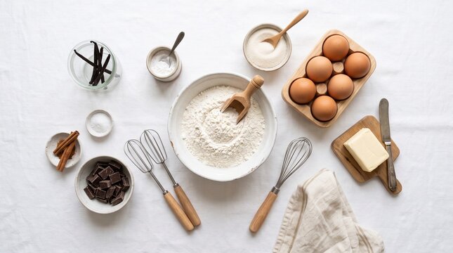 Baking Essentials Overhead: A flat lay showcases all the necessary ingredients and tools for baking a delicious cake, including flour, eggs, butter, cocoa powder, vanilla beans, and whisks.