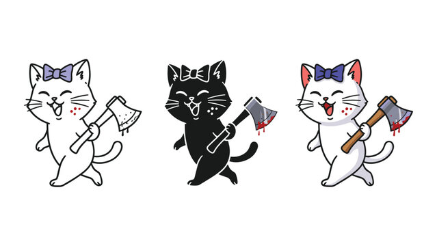 Cat holding bloody axe vector graphic illustration for creepy theme