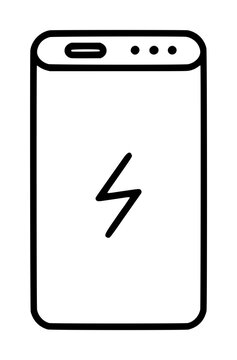 Hand-drawn vector icon illustration of a modern smartphone device featuring a lightning bolt symbol on screen, minimalist line art design representing mobile phone battery charging and electric power